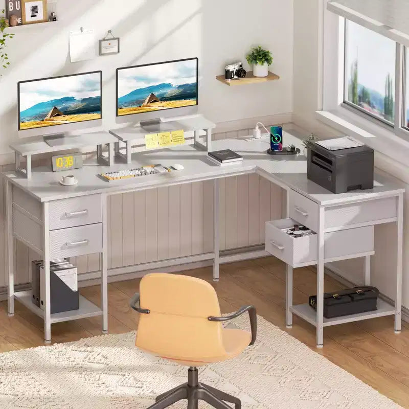 Qwatto 59 Inch White L Shaped Computer Desk with Charging Station Two Person Gaming Desk 4 Drawers 2 Monitor Stands Home Office Corner Workstation