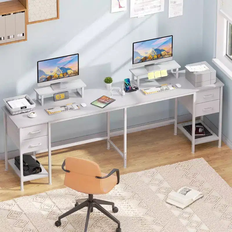 Bureau d'angle en L blanc de 150 cm avec station de charge, bureau gaming pour deux personnes, 4 tiroirs, 2 supports d'écran, poste de travail de bureau à domicile