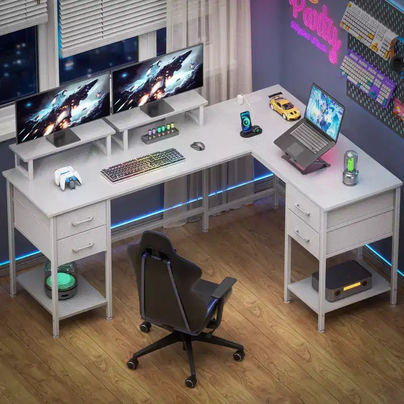 Bureau d'angle en L blanc de 150 cm avec station de charge, bureau gaming pour deux personnes, 4 tiroirs, 2 supports d'écran, poste de travail de bureau à domicile