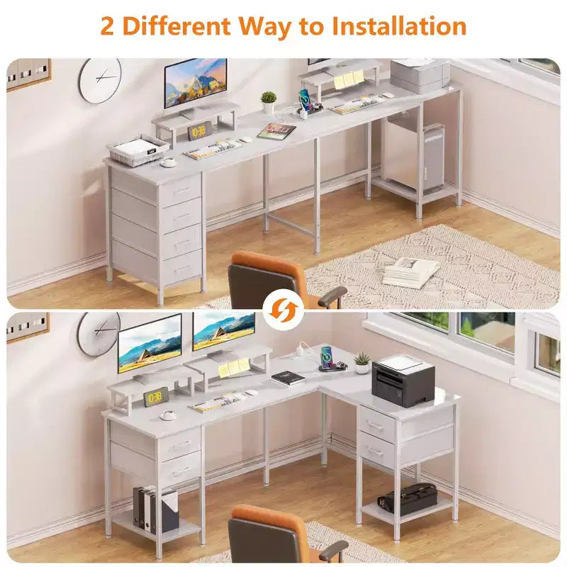 Bureau d'angle en L blanc de 150 cm avec station de charge, bureau gaming pour deux personnes, 4 tiroirs, 2 supports d'écran, poste de travail de bureau à domicile