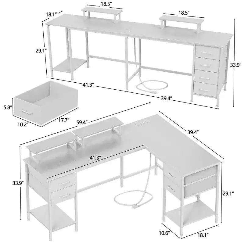 Bureau d'angle en L blanc de 150 cm avec station de charge, bureau gaming pour deux personnes, 4 tiroirs, 2 supports d'écran, poste de travail de bureau à domicile