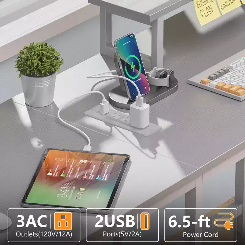 Bureau d'angle en L blanc de 150 cm avec station de charge, bureau gaming pour deux personnes, 4 tiroirs, 2 supports d'écran, poste de travail de bureau à domicile