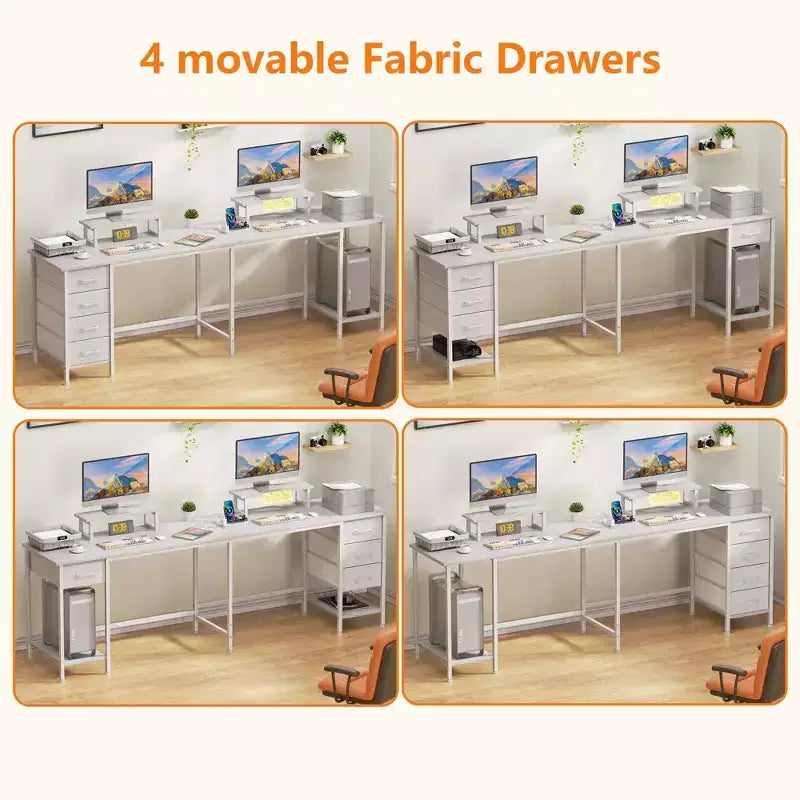 Bureau d'angle en L blanc de 150 cm avec station de charge, bureau gaming pour deux personnes, 4 tiroirs, 2 supports d'écran, poste de travail de bureau à domicile