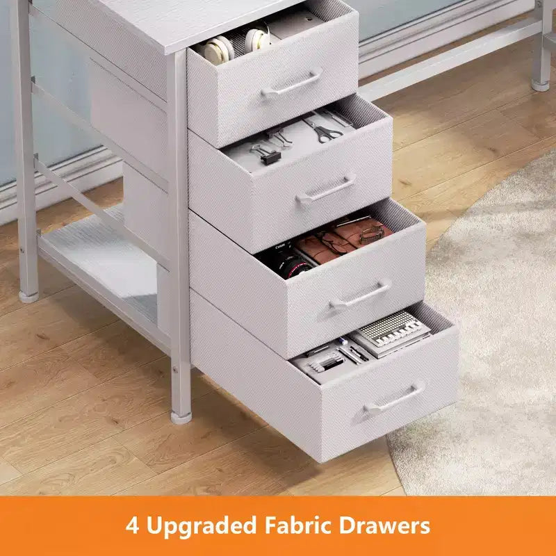Bureau d'angle en L blanc de 150 cm avec station de charge, bureau gaming pour deux personnes, 4 tiroirs, 2 supports d'écran, poste de travail de bureau à domicile