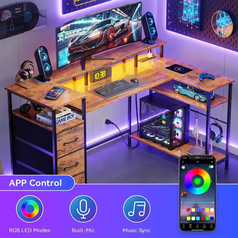 55 Inch Brown L Shaped Computer Desk with Charging Station Reversible Gaming Desk LED Lights File Cabinet Monitor Stand Storage Shelves Home Office