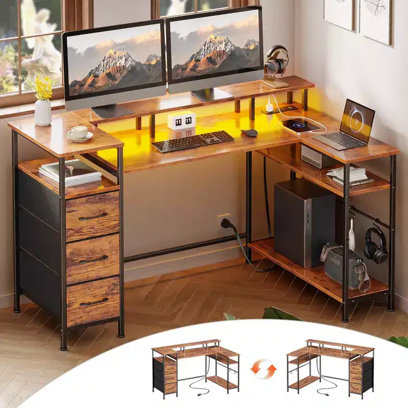 Bureau d'ordinateur d'angle en L marron de 55 pouces avec station de charge, bureau de jeu réversible, lumières LED, meuble de classement, support de moniteur, étagères de rangement, bureau à domicile