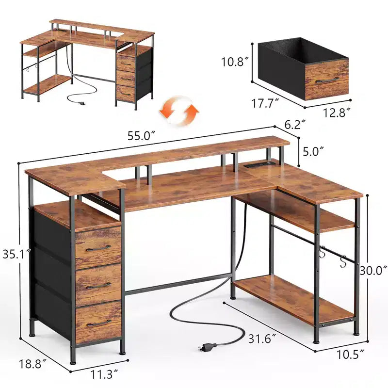 Bureau d'ordinateur d'angle en L marron de 55 pouces avec station de charge, bureau de jeu réversible, lumières LED, meuble de classement, support de moniteur, étagères de rangement, bureau à domicile