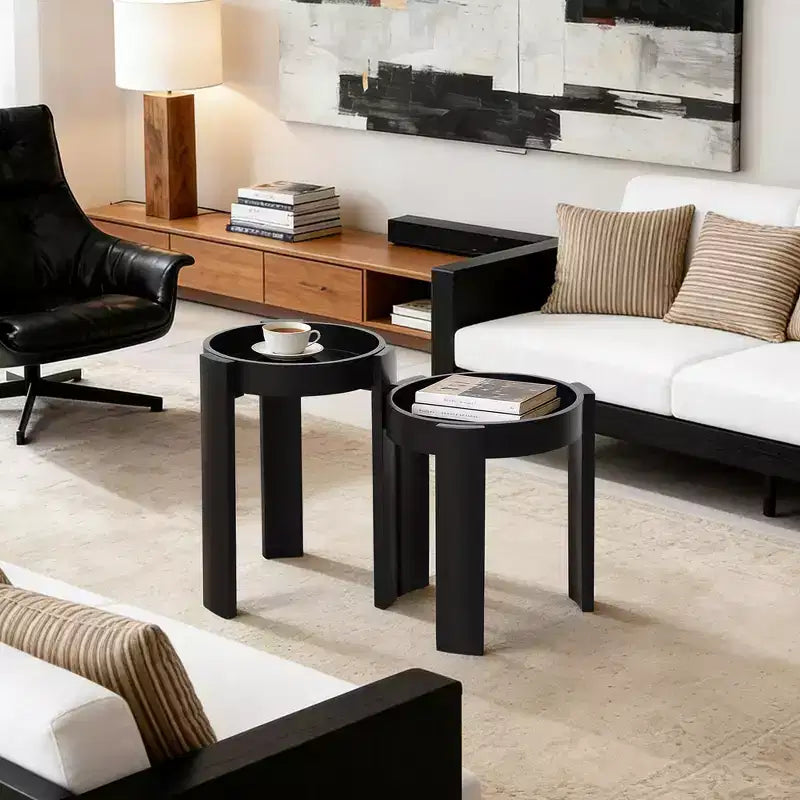 Lot de 2 tables gigognes noires, tables d'appoint rondes modernes et peu encombrantes pour salon, chambre à coucher