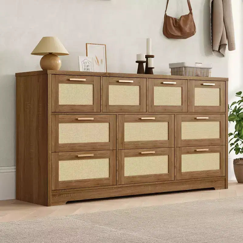 Commode en bois avec poignées métalliques pour salon, couloir, entrée