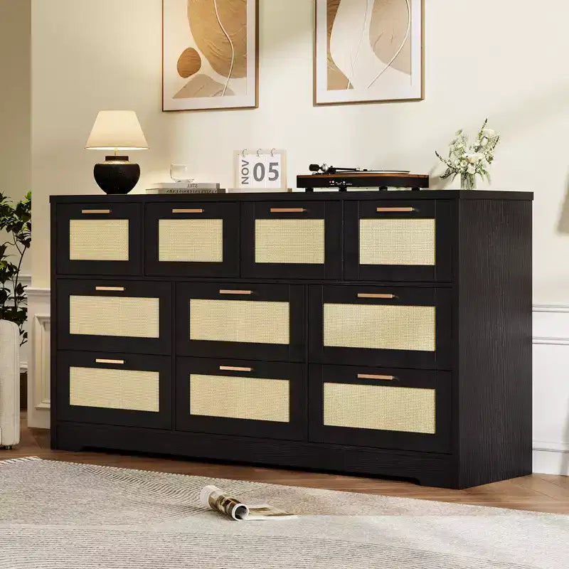 Commode en bois avec poignées métalliques pour salon, couloir, entrée