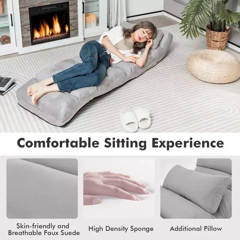 Canapé de sol pliant paresseux, Chaise longue avec dossier réglable sur 5 positions Gris/Beige