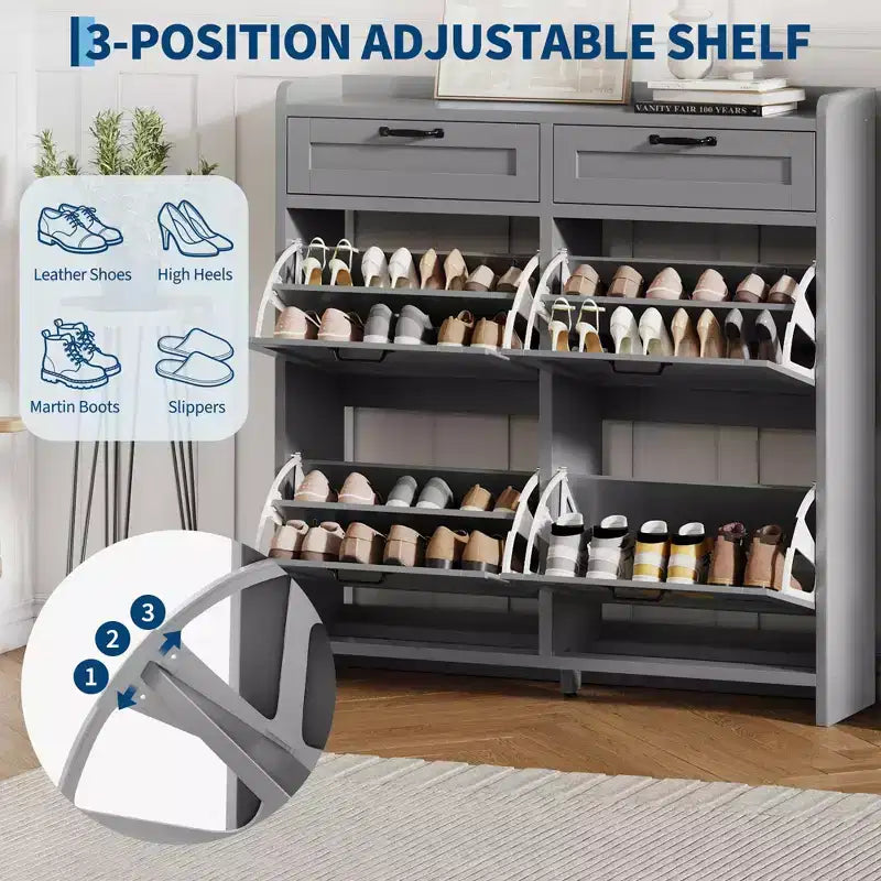 Meuble à chaussures, Meuble de rangement pour chaussures 4 tiroirs basculants et 2 tiroirs supérieurs, Organiseur en bois avec étagère réglable, Rangement dissimulé autoportant