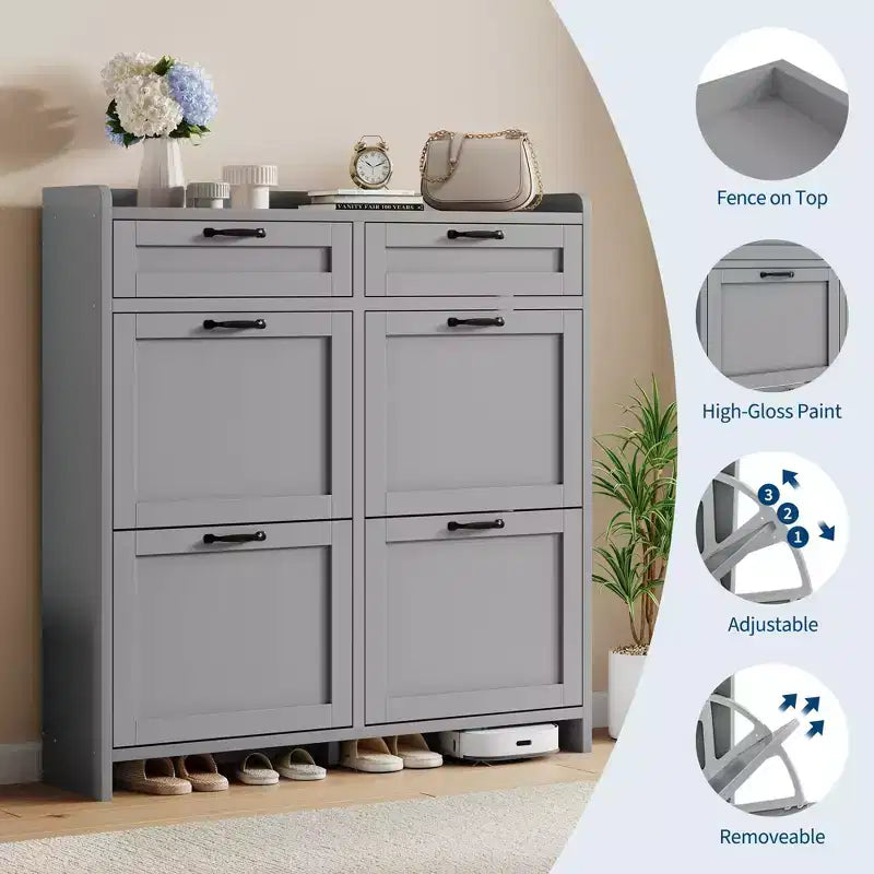 Meuble à chaussures, Meuble de rangement pour chaussures 4 tiroirs basculants et 2 tiroirs supérieurs, Organiseur en bois avec étagère réglable, Rangement dissimulé autoportant