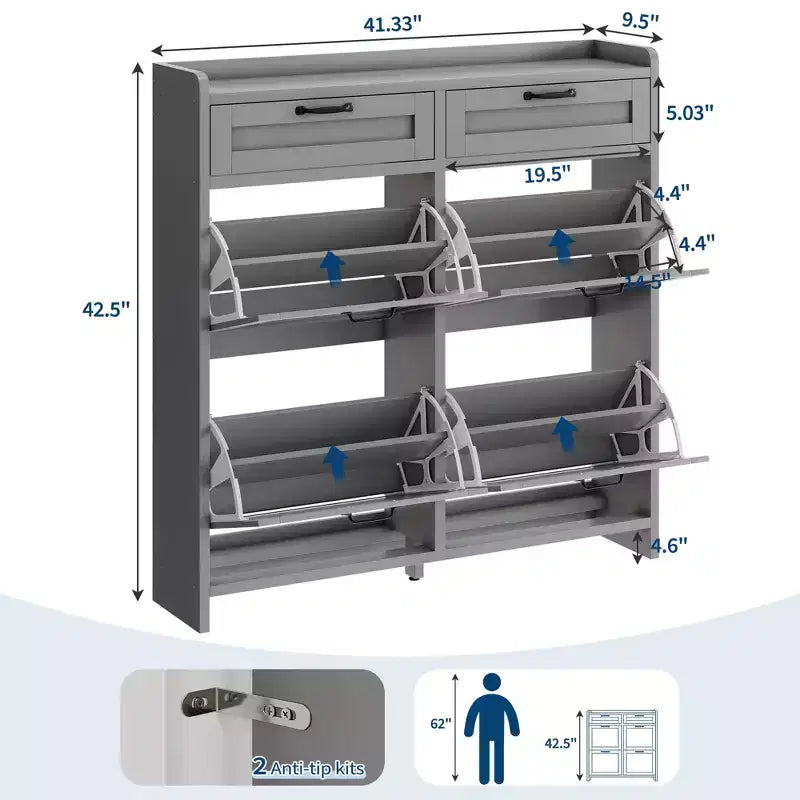 Meuble à chaussures, Meuble de rangement pour chaussures 4 tiroirs basculants et 2 tiroirs supérieurs, Organiseur en bois avec étagère réglable, Rangement dissimulé autoportant