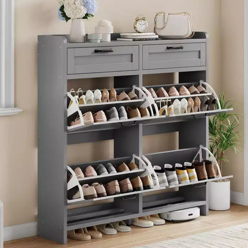 Meuble à chaussures, Meuble de rangement pour chaussures 4 tiroirs basculants et 2 tiroirs supérieurs, Organiseur en bois avec étagère réglable, Rangement dissimulé autoportant