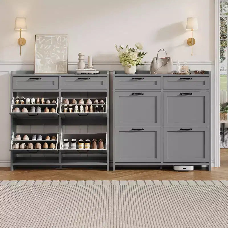 Meuble à chaussures, Meuble de rangement pour chaussures 4 tiroirs basculants et 2 tiroirs supérieurs, Organiseur en bois avec étagère réglable, Rangement dissimulé autoportant