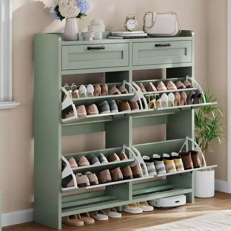 Meuble à chaussures, Meuble de rangement pour chaussures 4 tiroirs basculants et 2 tiroirs supérieurs, Organiseur en bois avec étagère réglable, Rangement dissimulé autoportant
