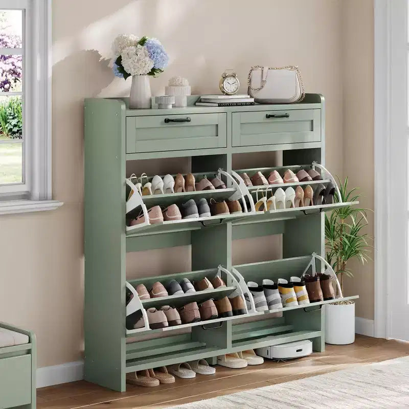 Meuble à chaussures, Meuble de rangement pour chaussures 4 tiroirs basculants et 2 tiroirs supérieurs, Organiseur en bois avec étagère réglable, Rangement dissimulé autoportant