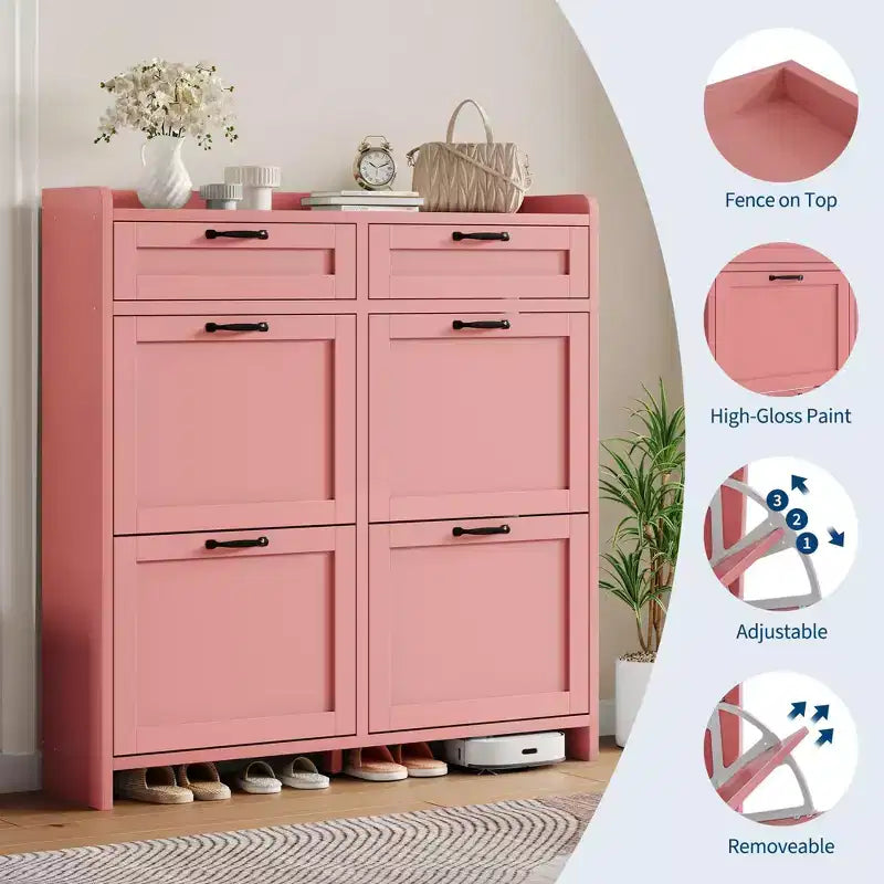 Meuble à chaussures, Meuble de rangement pour chaussures 4 tiroirs basculants et 2 tiroirs supérieurs, Organiseur en bois avec étagère réglable, Rangement dissimulé autoportant