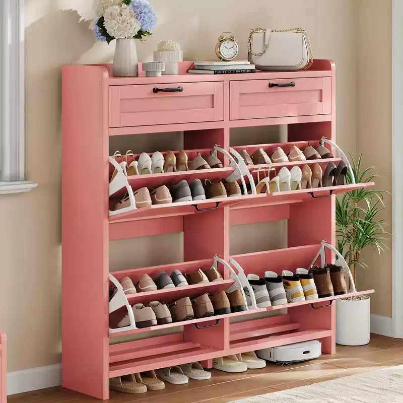 Meuble à chaussures, Meuble de rangement pour chaussures 4 tiroirs basculants et 2 tiroirs supérieurs, Organiseur en bois avec étagère réglable, Rangement dissimulé autoportant