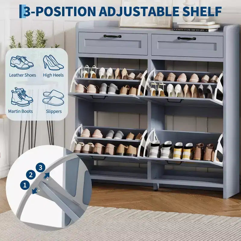 Meuble à chaussures, Meuble de rangement pour chaussures 4 tiroirs basculants et 2 tiroirs supérieurs, Organiseur en bois avec étagère réglable, Rangement dissimulé autoportant