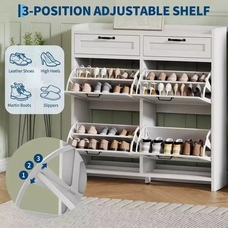 Meuble à chaussures, Meuble de rangement pour chaussures 4 tiroirs basculants et 2 tiroirs supérieurs, Organiseur en bois avec étagère réglable, Rangement dissimulé autoportant