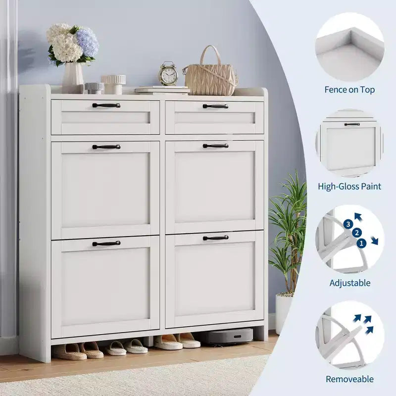 Meuble à chaussures, Meuble de rangement pour chaussures 4 tiroirs basculants et 2 tiroirs supérieurs, Organiseur en bois avec étagère réglable, Rangement dissimulé autoportant