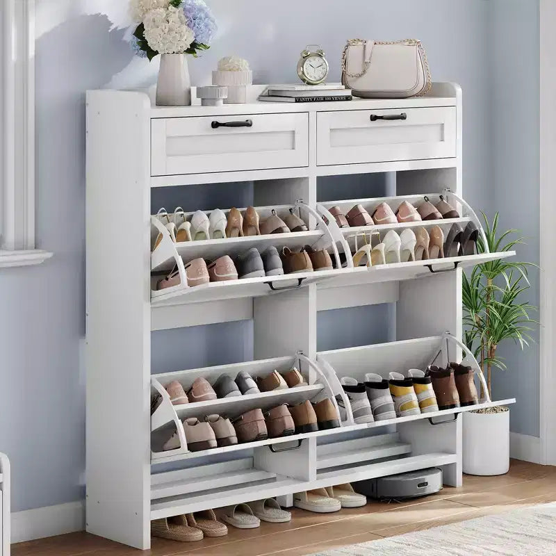 Meuble à chaussures, Meuble de rangement pour chaussures 4 tiroirs basculants et 2 tiroirs supérieurs, Organiseur en bois avec étagère réglable, Rangement dissimulé autoportant