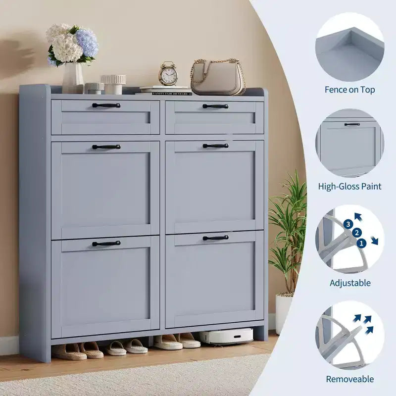 Meuble à chaussures, Meuble de rangement pour chaussures 4 tiroirs basculants et 2 tiroirs supérieurs, Organiseur en bois avec étagère réglable, Rangement dissimulé autoportant
