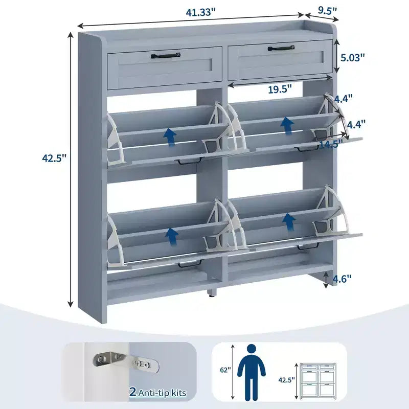 Meuble à chaussures, Meuble de rangement pour chaussures 4 tiroirs basculants et 2 tiroirs supérieurs, Organiseur en bois avec étagère réglable, Rangement dissimulé autoportant