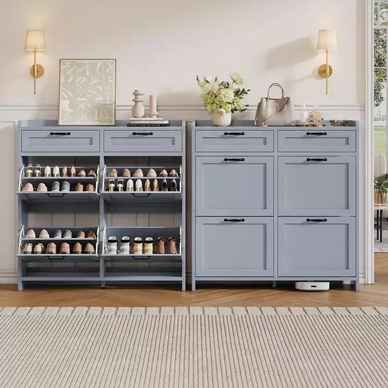 Meuble à chaussures, Meuble de rangement pour chaussures 4 tiroirs basculants et 2 tiroirs supérieurs, Organiseur en bois avec étagère réglable, Rangement dissimulé autoportant