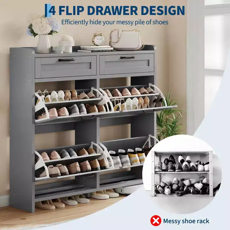 Meuble à chaussures, Meuble de rangement pour chaussures 4 tiroirs basculants et 2 tiroirs supérieurs, Organiseur en bois avec étagère réglable, Rangement dissimulé autoportant