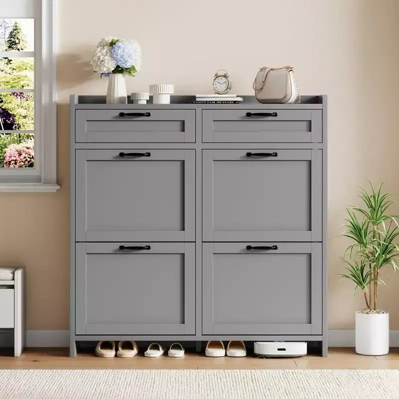 Meuble à chaussures, Meuble de rangement pour chaussures 4 tiroirs basculants et 2 tiroirs supérieurs, Organiseur en bois avec étagère réglable, Rangement dissimulé autoportant