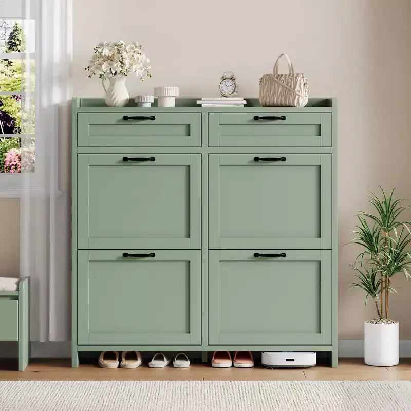 Meuble à chaussures, Meuble de rangement pour chaussures 4 tiroirs basculants et 2 tiroirs supérieurs, Organiseur en bois avec étagère réglable, Rangement dissimulé autoportant