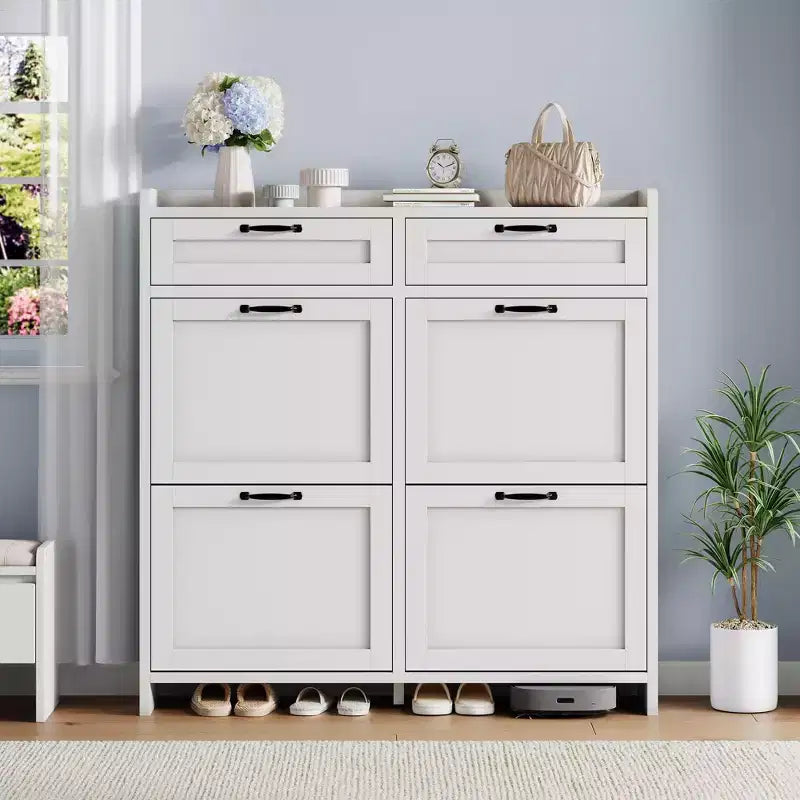 Meuble à chaussures, Meuble de rangement pour chaussures 4 tiroirs basculants et 2 tiroirs supérieurs, Organiseur en bois avec étagère réglable, Rangement dissimulé autoportant