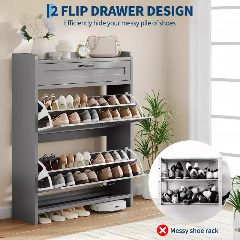 Meuble à chaussures, Meuble de rangement pour chaussures en bois peint brillant avec 2 tiroirs basculants et 1 tiroir supérieur, étagères réglables, organiseur dissimulé sur pied