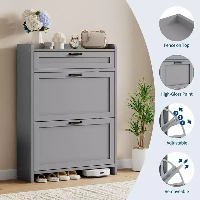 Meuble à chaussures, Meuble de rangement pour chaussures en bois peint brillant avec 2 tiroirs basculants et 1 tiroir supérieur, étagères réglables, organiseur dissimulé sur pied
