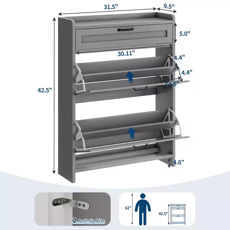 Meuble à chaussures, Meuble de rangement pour chaussures en bois peint brillant avec 2 tiroirs basculants et 1 tiroir supérieur, étagères réglables, organiseur dissimulé sur pied