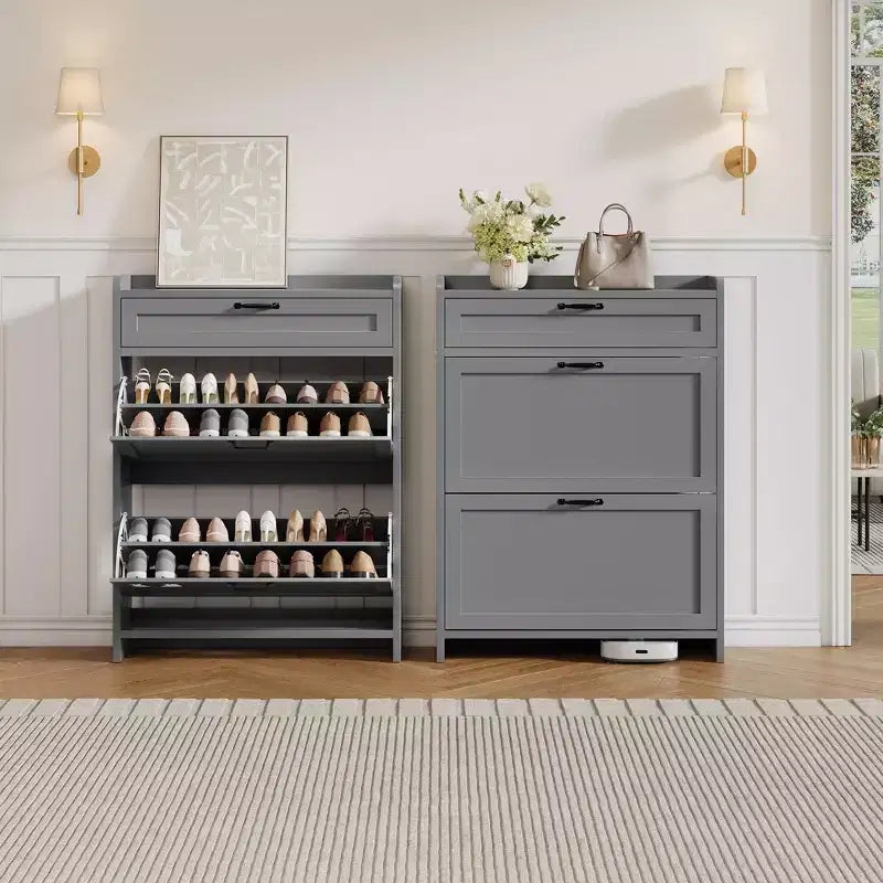 Meuble à chaussures, Meuble de rangement pour chaussures en bois peint brillant avec 2 tiroirs basculants et 1 tiroir supérieur, étagères réglables, organiseur dissimulé sur pied