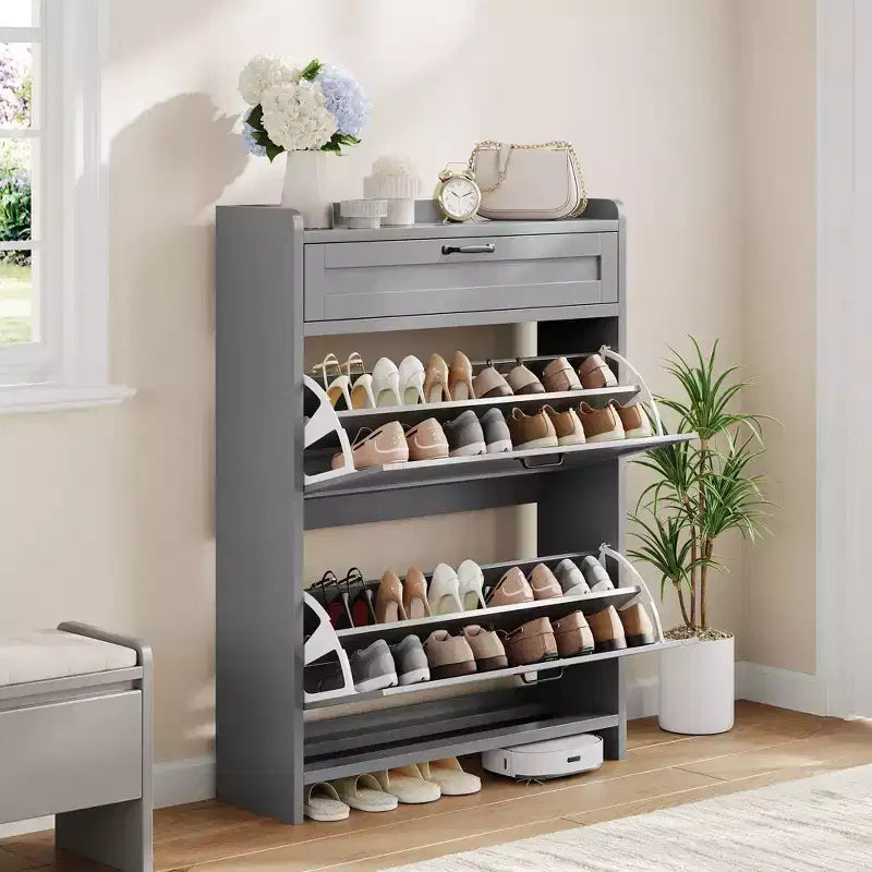 Meuble à chaussures, Meuble de rangement pour chaussures en bois peint brillant avec 2 tiroirs basculants et 1 tiroir supérieur, étagères réglables, organiseur dissimulé sur pied