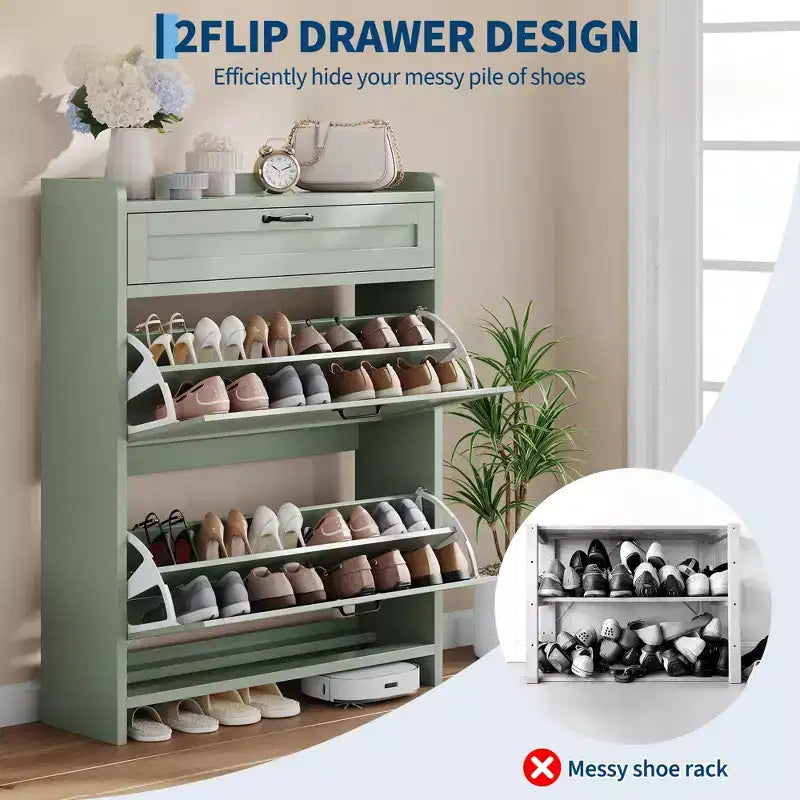 Meuble à chaussures, Meuble de rangement pour chaussures en bois peint brillant avec 2 tiroirs basculants et 1 tiroir supérieur, étagères réglables, organiseur dissimulé sur pied