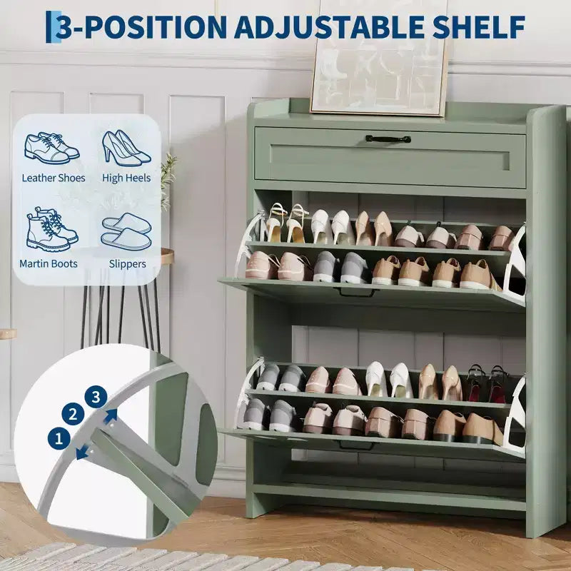 Meuble à chaussures, Meuble de rangement pour chaussures en bois peint brillant avec 2 tiroirs basculants et 1 tiroir supérieur, étagères réglables, organiseur dissimulé sur pied