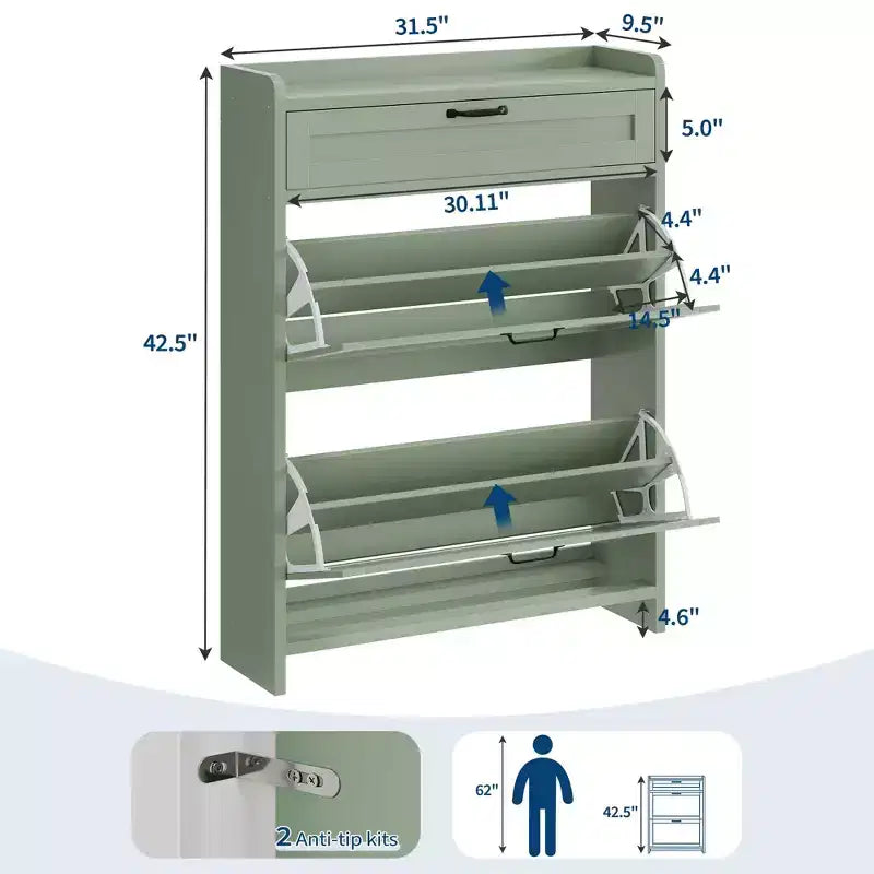 Meuble à chaussures, Meuble de rangement pour chaussures en bois peint brillant avec 2 tiroirs basculants et 1 tiroir supérieur, étagères réglables, organiseur dissimulé sur pied