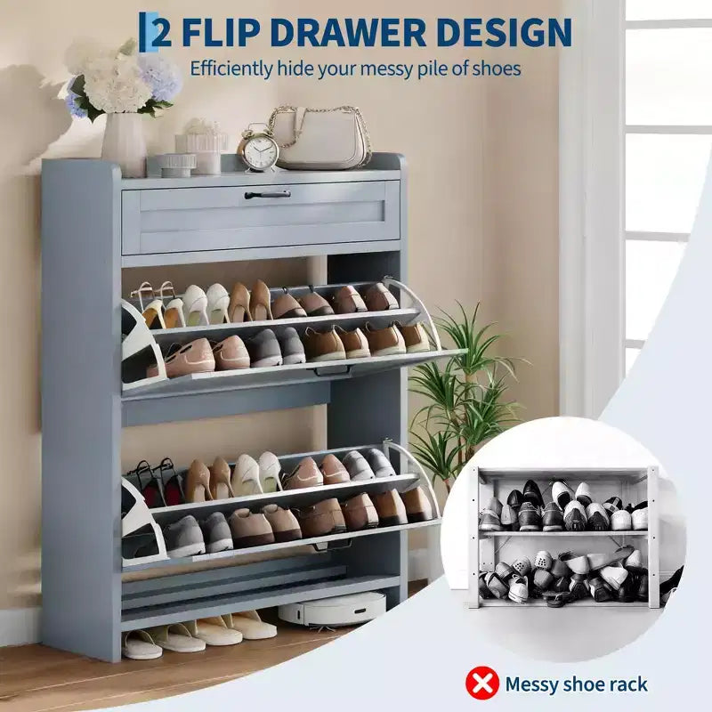 Meuble à chaussures, Meuble de rangement pour chaussures en bois peint brillant avec 2 tiroirs basculants et 1 tiroir supérieur, étagères réglables, organiseur dissimulé sur pied