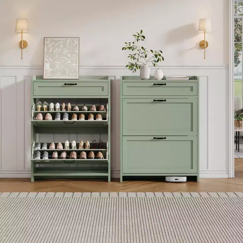 Meuble à chaussures, Meuble de rangement pour chaussures en bois peint brillant avec 2 tiroirs basculants et 1 tiroir supérieur, étagères réglables, organiseur dissimulé sur pied
