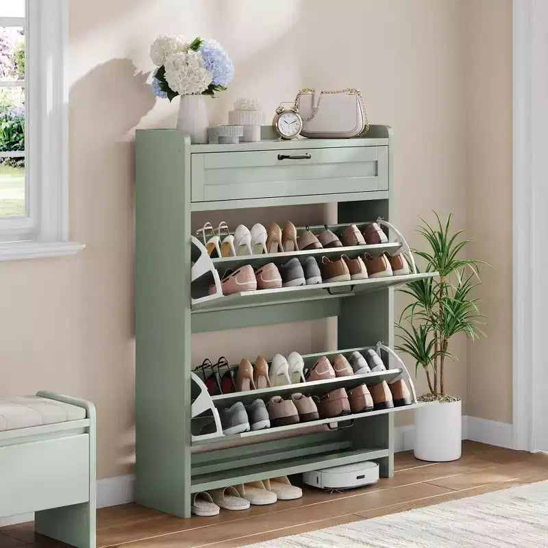 Meuble à chaussures, Meuble de rangement pour chaussures en bois peint brillant avec 2 tiroirs basculants et 1 tiroir supérieur, étagères réglables, organiseur dissimulé sur pied