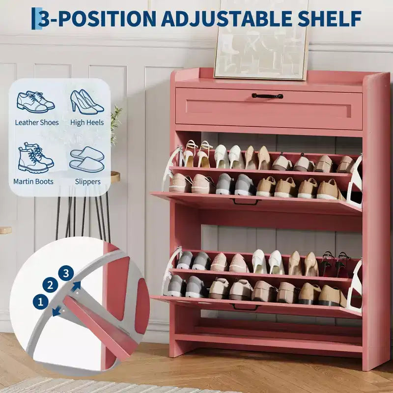 Meuble à chaussures, Meuble de rangement pour chaussures en bois peint brillant avec 2 tiroirs basculants et 1 tiroir supérieur, étagères réglables, organiseur dissimulé sur pied