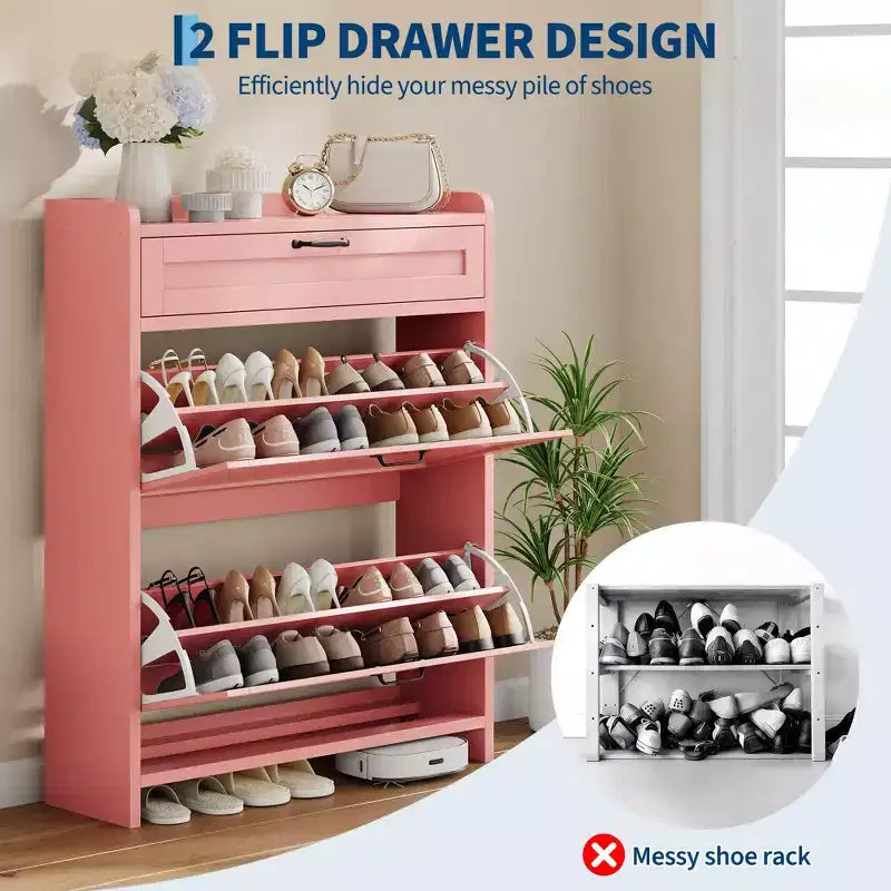 Meuble à chaussures, Meuble de rangement pour chaussures en bois peint brillant avec 2 tiroirs basculants et 1 tiroir supérieur, étagères réglables, organiseur dissimulé sur pied