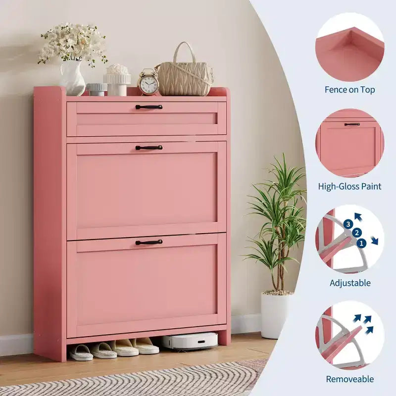 Meuble à chaussures, Meuble de rangement pour chaussures en bois peint brillant avec 2 tiroirs basculants et 1 tiroir supérieur, étagères réglables, organiseur dissimulé sur pied