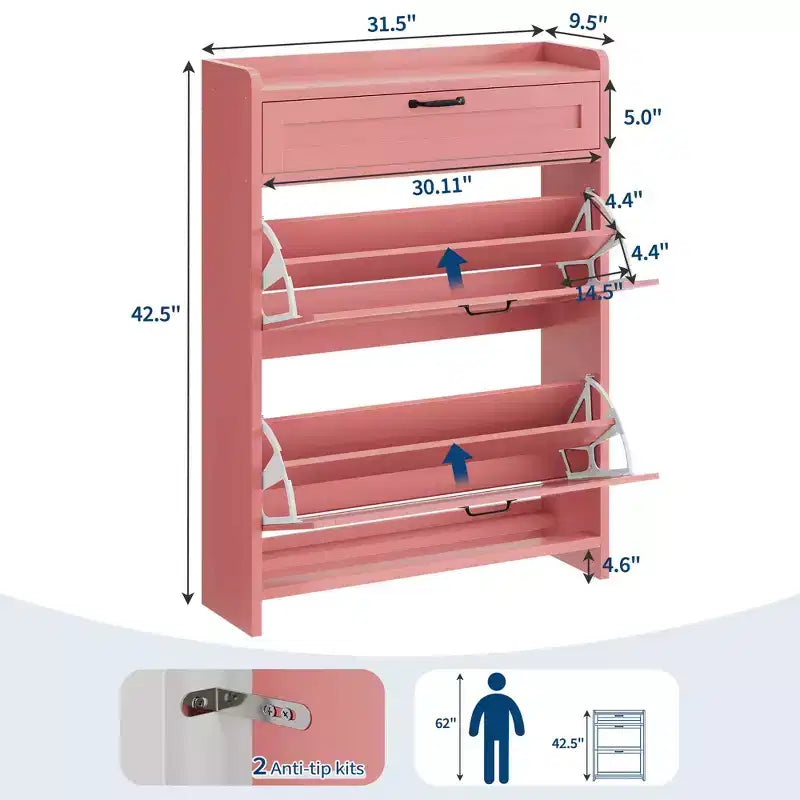 Meuble à chaussures, Meuble de rangement pour chaussures en bois peint brillant avec 2 tiroirs basculants et 1 tiroir supérieur, étagères réglables, organiseur dissimulé sur pied